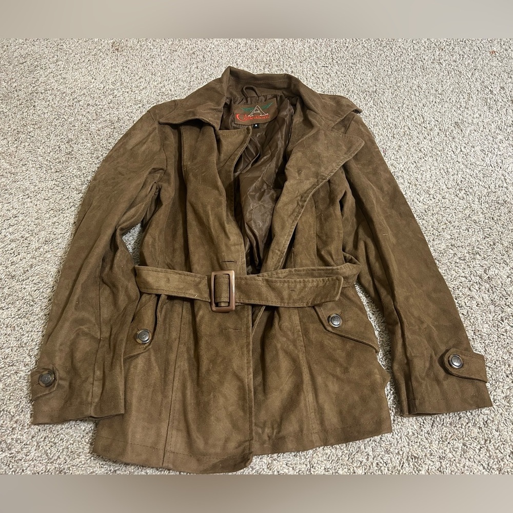 A Collezioni Women's Brown Suede Belted Trench Coat Pockets Winter Size Medium M